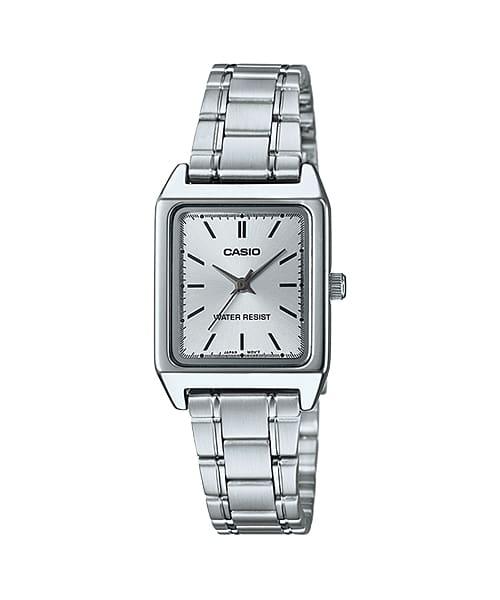 CASIO WATCH ANALOGUE SQUARE SILVER FACE WITH STAINLESS STEEL BAND.