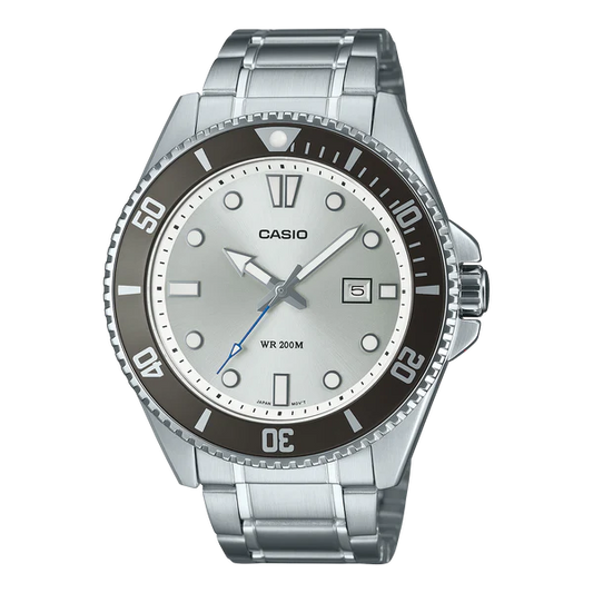 CASIO ANALOGUE WATCH DIVER AND STAINLESS STEEL BAND. MDV107-7A