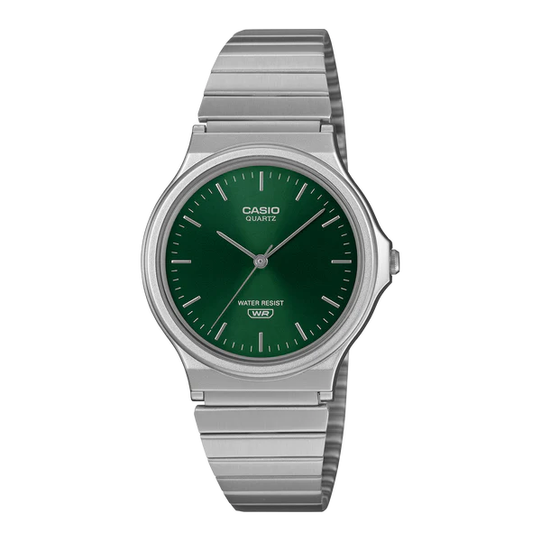 CASIO ANALOGUE WATCH GREEN DIAL STAINLESS STEEL BAND. MQ24DA-3A
