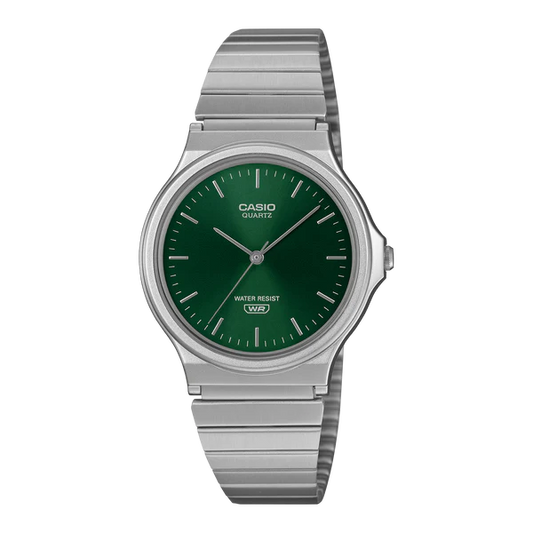 CASIO ANALOGUE WATCH GREEN DIAL STAINLESS STEEL BAND. MQ24DA-3A