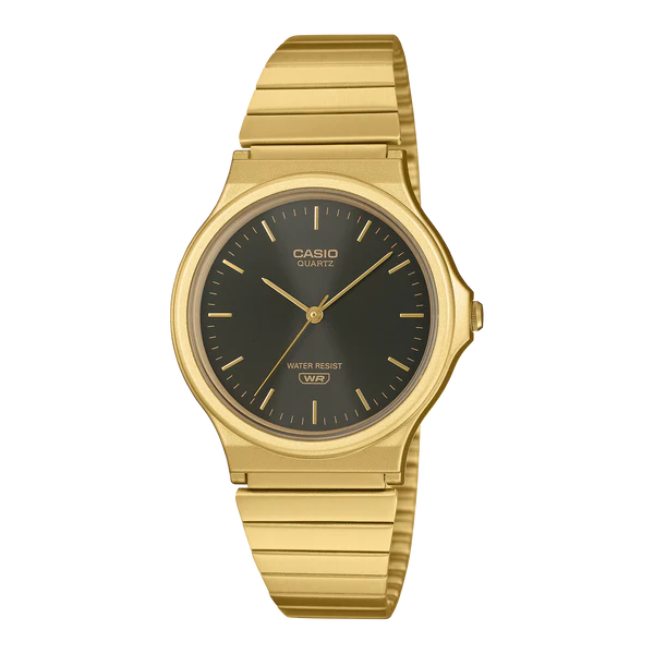 CASIO ANALOGUE WATCH BLACK DIAL GOLD PLATED STAINLESS STEEL BAND. MQ24GA-1A