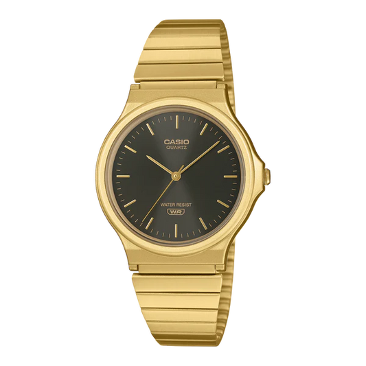 CASIO ANALOGUE WATCH BLACK DIAL GOLD PLATED STAINLESS STEEL BAND. MQ24GA-1A