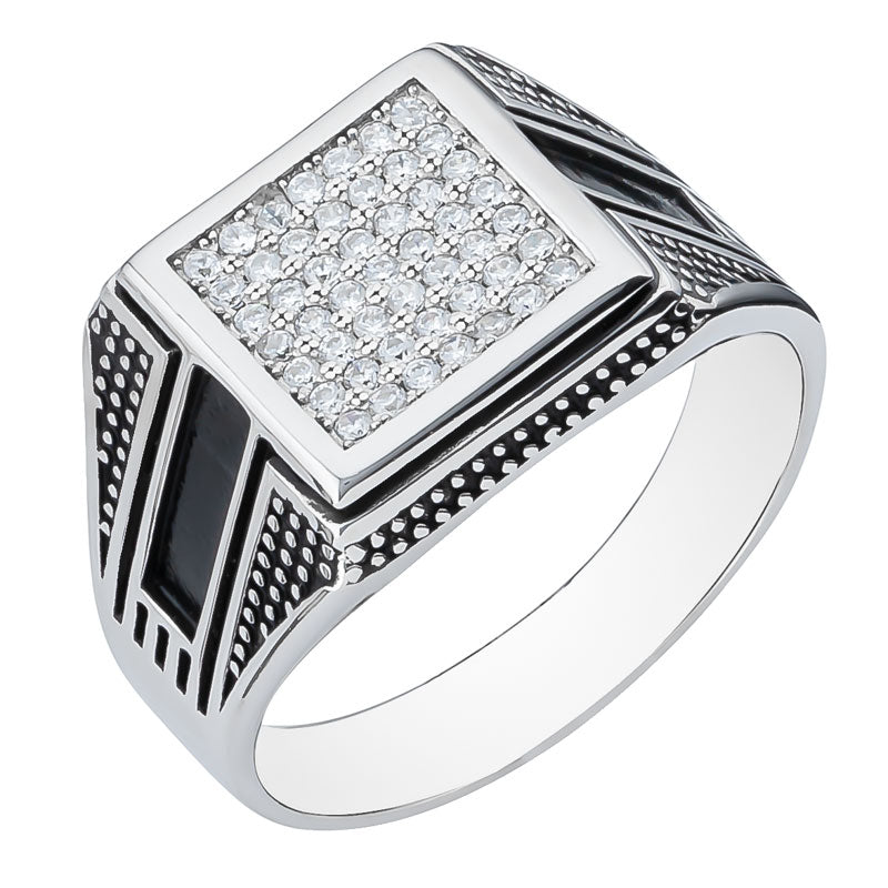 STERLING SILVER CUBIC ZIRCONIA AND BLACK ENAMEL SIGNET RING.