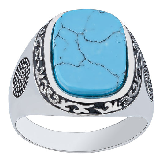 STERLING SILVER RHODIUM PLATED TURQUISE RING WITH PATTERN SETTING