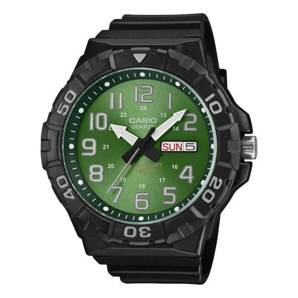 CASIO ANALOGUE WATCH, GREEN DIAL BLACK RESIN BAND. MRW210H-3B