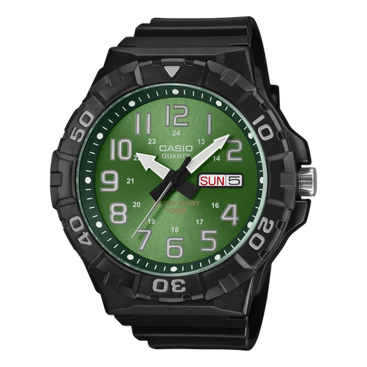 CASIO ANALOGUE WATCH, GREEN DIAL BLACK RESIN BAND. MRW210H-3B