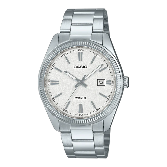 CASIO ANALOGUE WATCH SILVER FACE WITH STAINLESS STEEL BAND MTP1302DA-7A.