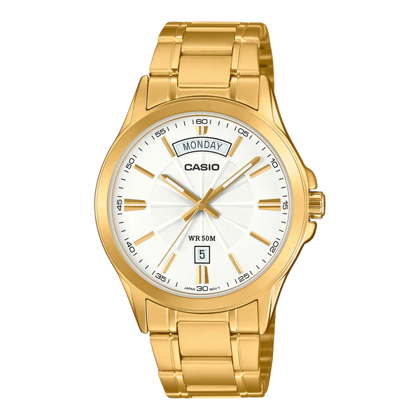 CASIO WATCH ANALOGUE WHITE FACE GOLD PLATED STAINLESS STEEL BAND. MTP1381GD-7A