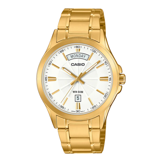 CASIO WATCH ANALOGUE WHITE FACE GOLD PLATED STAINLESS STEEL BAND. MTP1381GD-7A