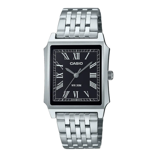 CASIO WATCH ANALOGUE SQUARE, STAINLESS STEEL BAND. MTPB190D-1B