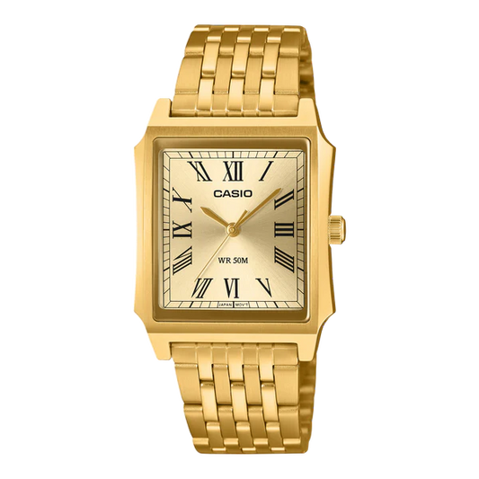 CASIO ANALOGUE GOLD PLATED ROMAN NUMERAL STAINLESS STEEL BAND.