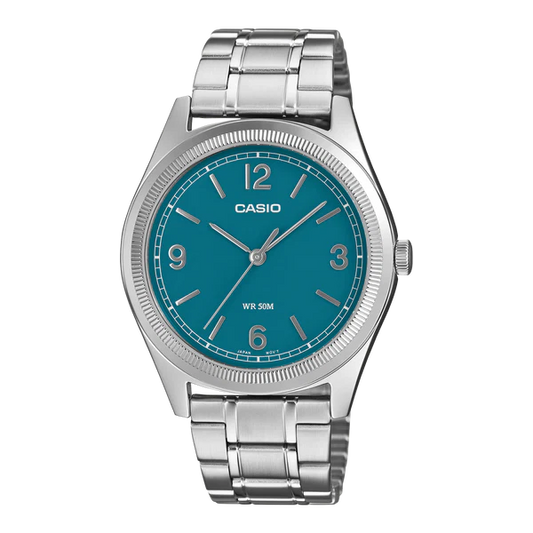 CASIO ANALOGUE WATCH RETRO, BLUE DIAL STAINLESS STEEL BAND.