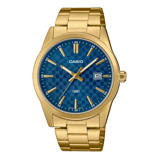 CASIO ANALOGUE WATCH GOLD PLATED BLUE FACE WITH DATE. MTPVD03G-2A