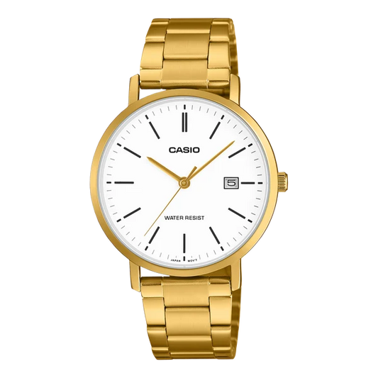 CASIO ANALOGUE WATCH STAINLESS STEEL GOLD PLATED WHITE DIAL WITH DATE. MTPVT05G-7E