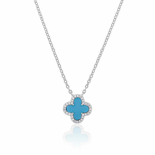 STERLING SILVER TURQUOISE AND CUBIC ZIRCONIA FOUR LEAF CLOVER NECKLACE