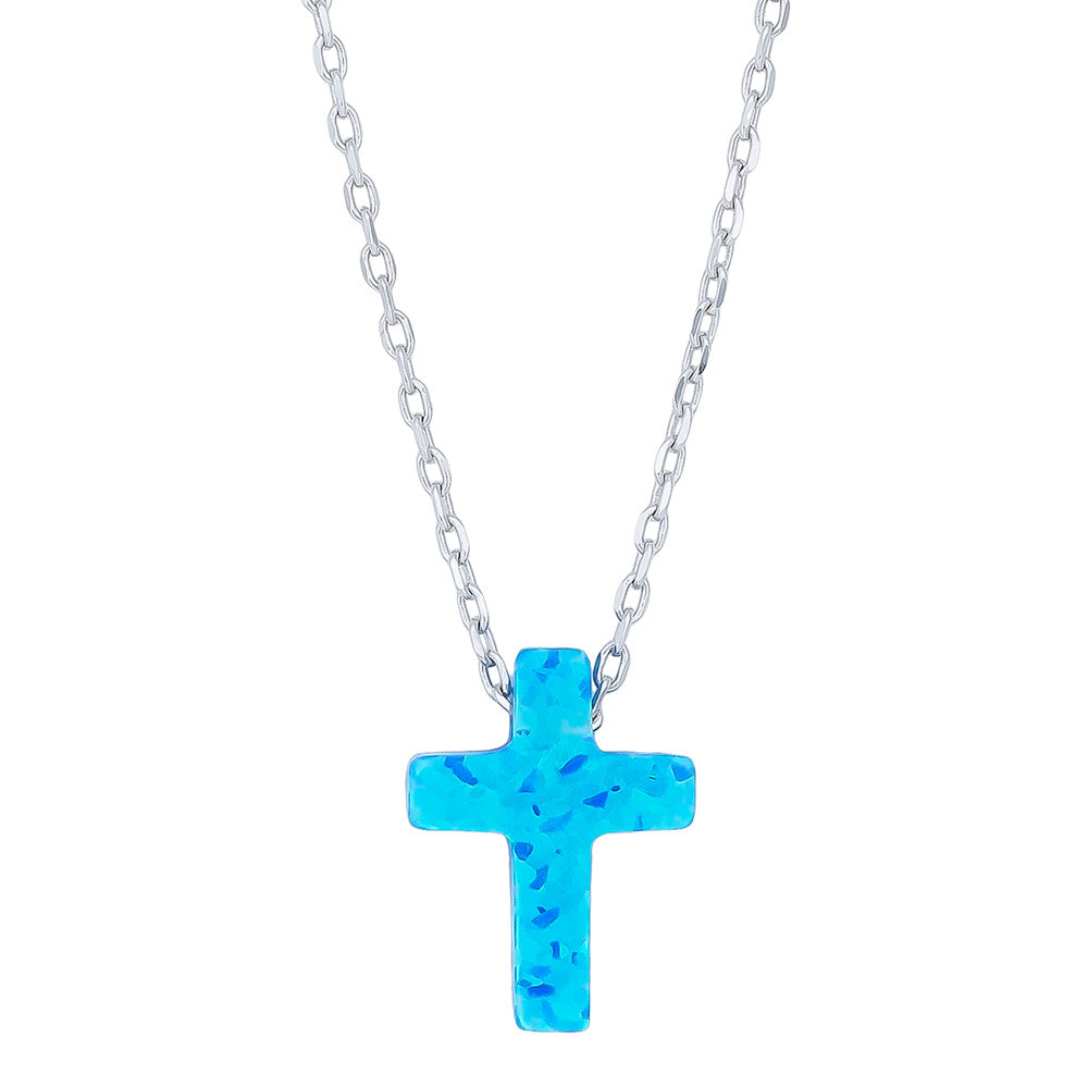 STERLING SILVER RHODIUM PLATED CREATED OPAL CROSS NECKLACE