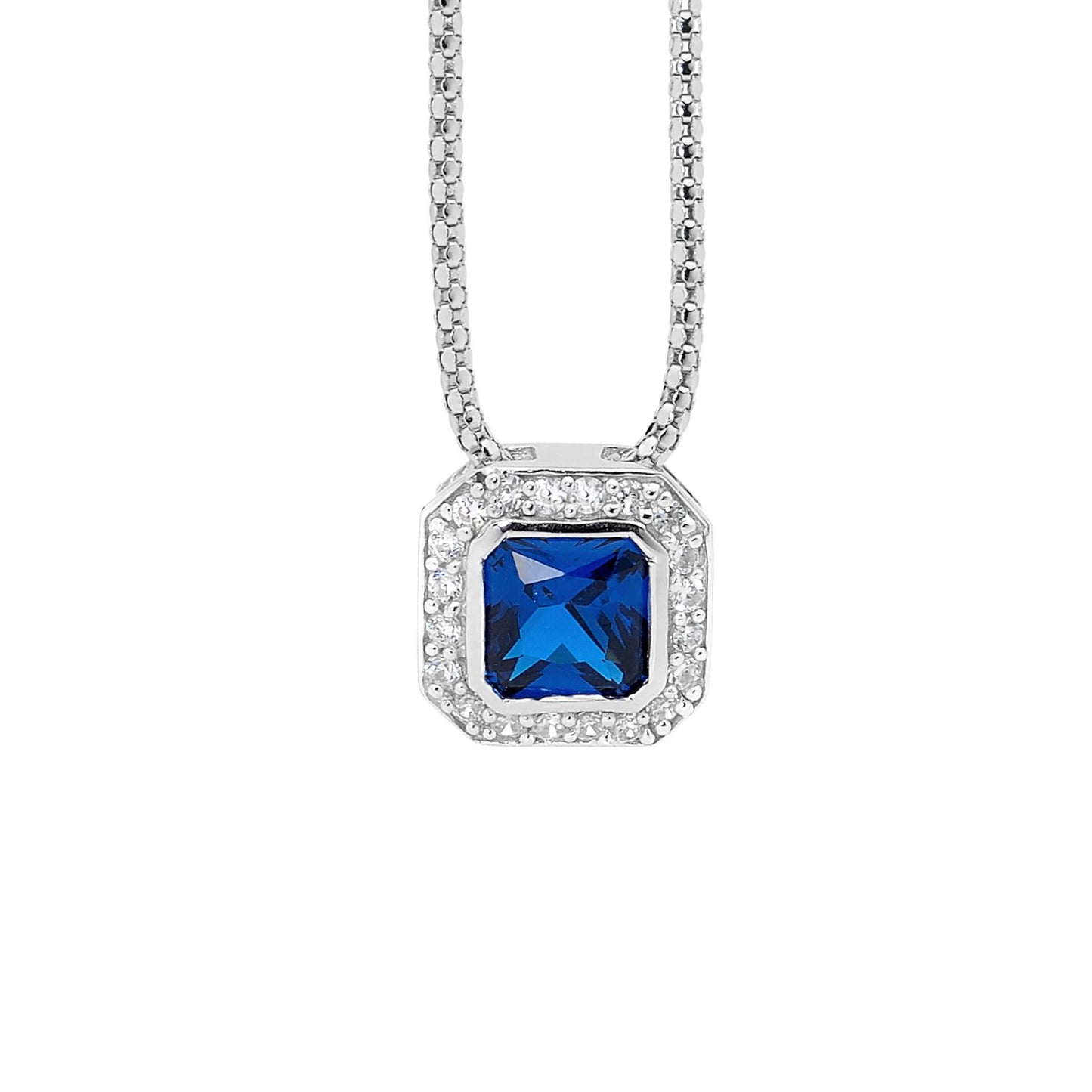 ELLANI STERLING SILVER BLUE CUBIC ZIRCONIA PENDANT AND CHAIN.