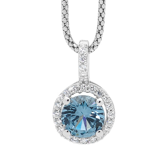 ELLANI STERLING SILVER BLUE ROUND CUBIC ZIRCONIA HALO PENDANT.