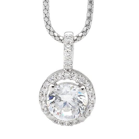 ELLANI STERLING SILVER CUBIC ZIRCONIA SOLITAIRE WITH HALO PENDANT WITH CHAIN. P599W