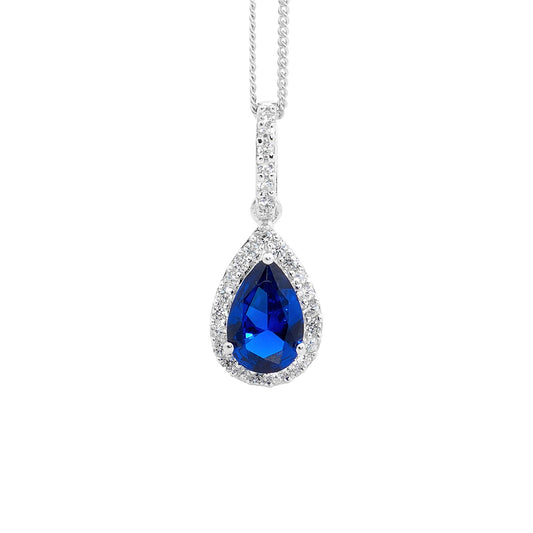 ELLANI STERLING SILVER DARK BLUE PEAR SHAPE PENDANT AND CHAIN.