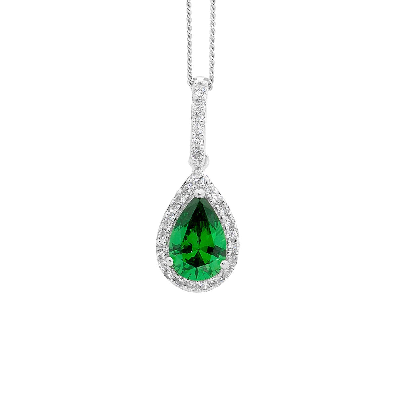 ELLANI STERLING SILVER RHODIUM PLATED GREEN CUBIC ZIRCONIA PEAR DROP PENDANT AND CHAIN. P637G