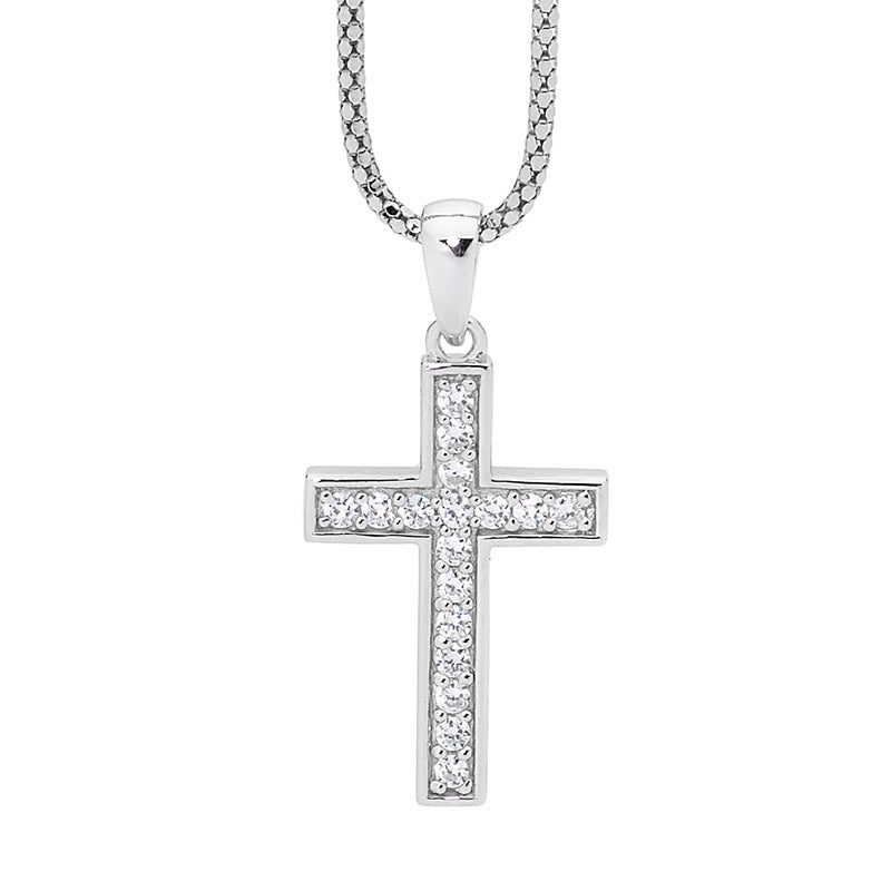 ELLANI STERLING SILVER RHODIUM PLATED CUBIC ZIRCONIA PAVE SET CROSS WITH CHAIN P639.