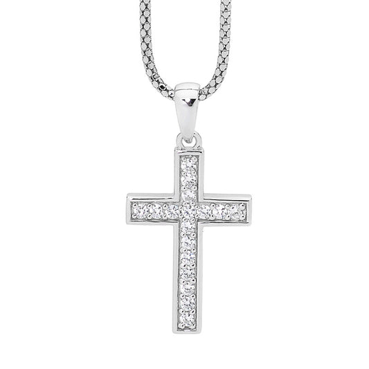 ELLANI STERLING SILVER RHODIUM PLATED CUBIC ZIRCONIA PAVE SET CROSS WITH CHAIN P639.