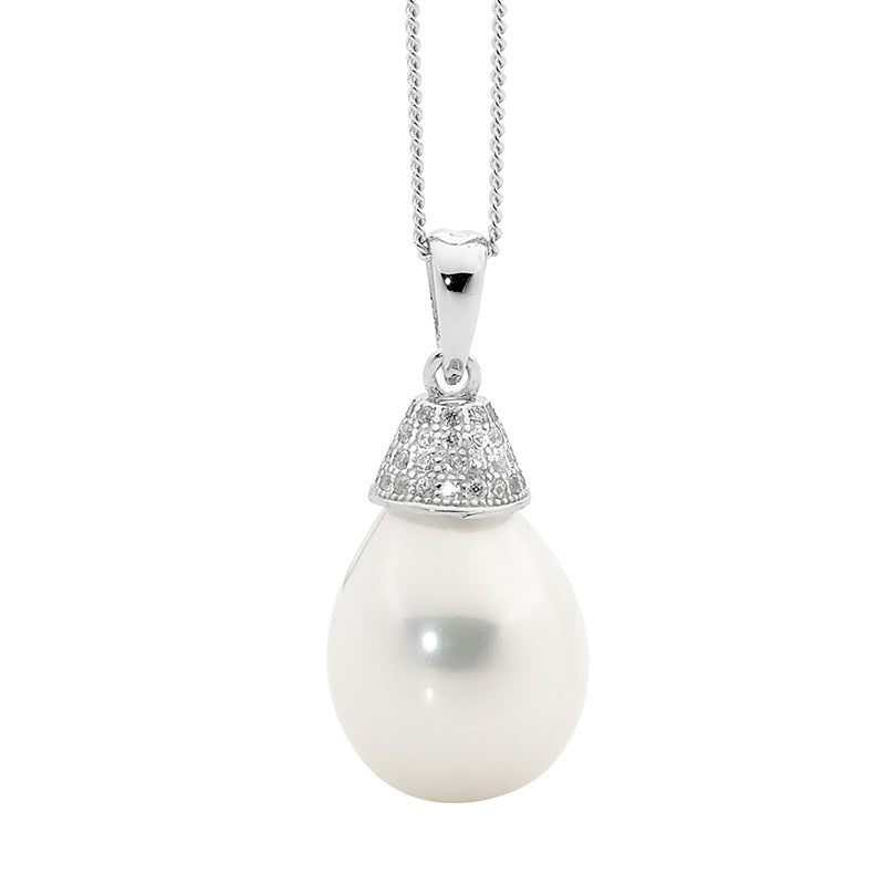 ELLANI STERLING SILVER RHODIUM PLATED SHELL PEARL AND CUBIC ZIRCONIA PENDANT. P670