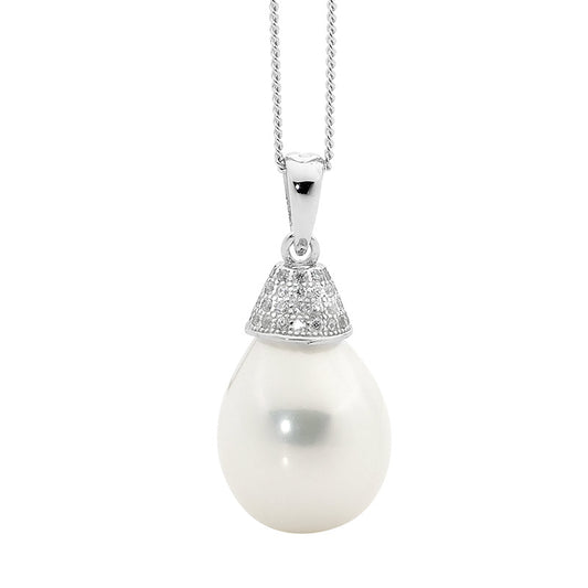 ELLANI STERLING SILVER RHODIUM PLATED SHELL PEARL AND CUBIC ZIRCONIA PENDANT. P670