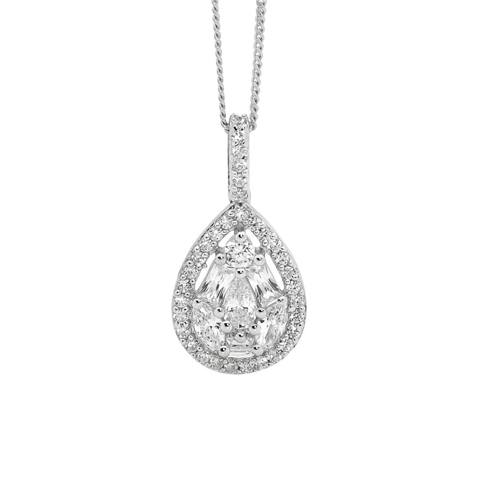 ELLANI STERLING SILVER RHODIUM PLATED CUBIC ZIRCONIA PEAR CLUSTER PENDANT WITH CHAIN. P683