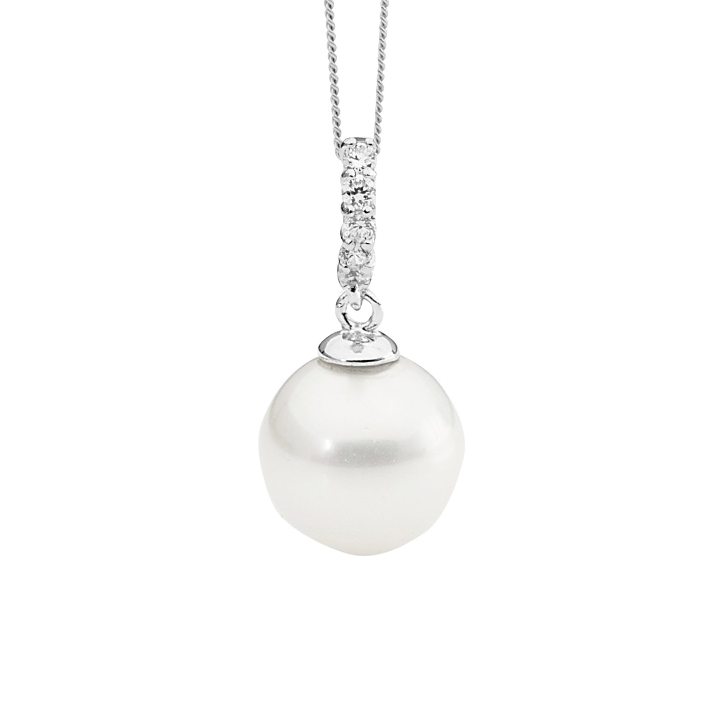 ELLANI STERLING SILVER CUBIC ZIRCONIA DROP SHELL PEARL PENDANT WITH CHAIN P703