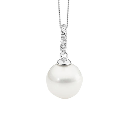 ELLANI STERLING SILVER CUBIC ZIRCONIA DROP SHELL PEARL PENDANT WITH CHAIN P703