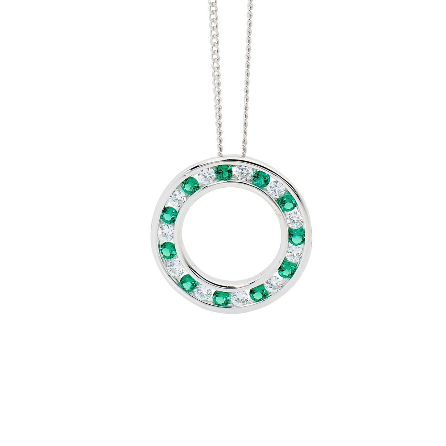 ELLANI STERLING SILVER GREEN AND WHITE ROUND CUBIC ZIRCONIA CIRCLE PENDANT WITH CHAIN P722G.