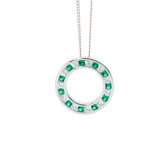 ELLANI STERLING SILVER GREEN AND WHITE ROUND CUBIC ZIRCONIA CIRCLE PENDANT WITH CHAIN P722G.