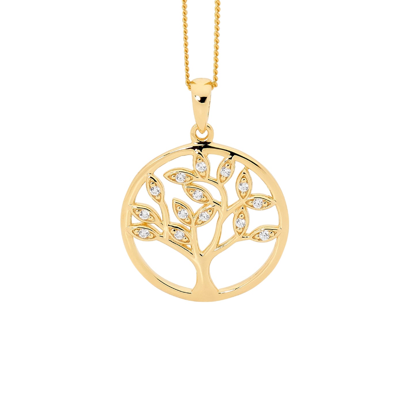 ELLANI GOLD PLATED CUBIC ZIRCONIA TREE OF LIFE PENDANT WITH CHAIN. P727G
