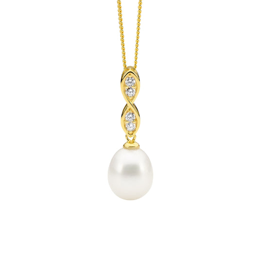 ELLANI GOLD PLATED CUBIC ZIRCONIA DROP FRESHWATER PEARL PENDANT. P834G