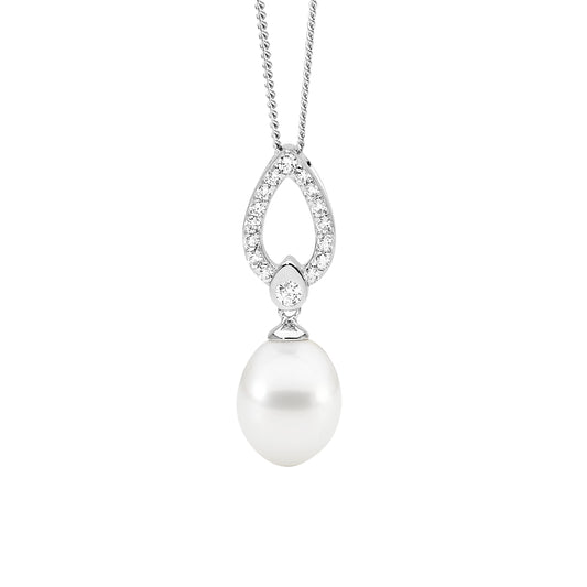 ELLANI STERLING SILVER CUBIC ZIRCONIA WITH FRESHWATER PEARL PENDANT. P859