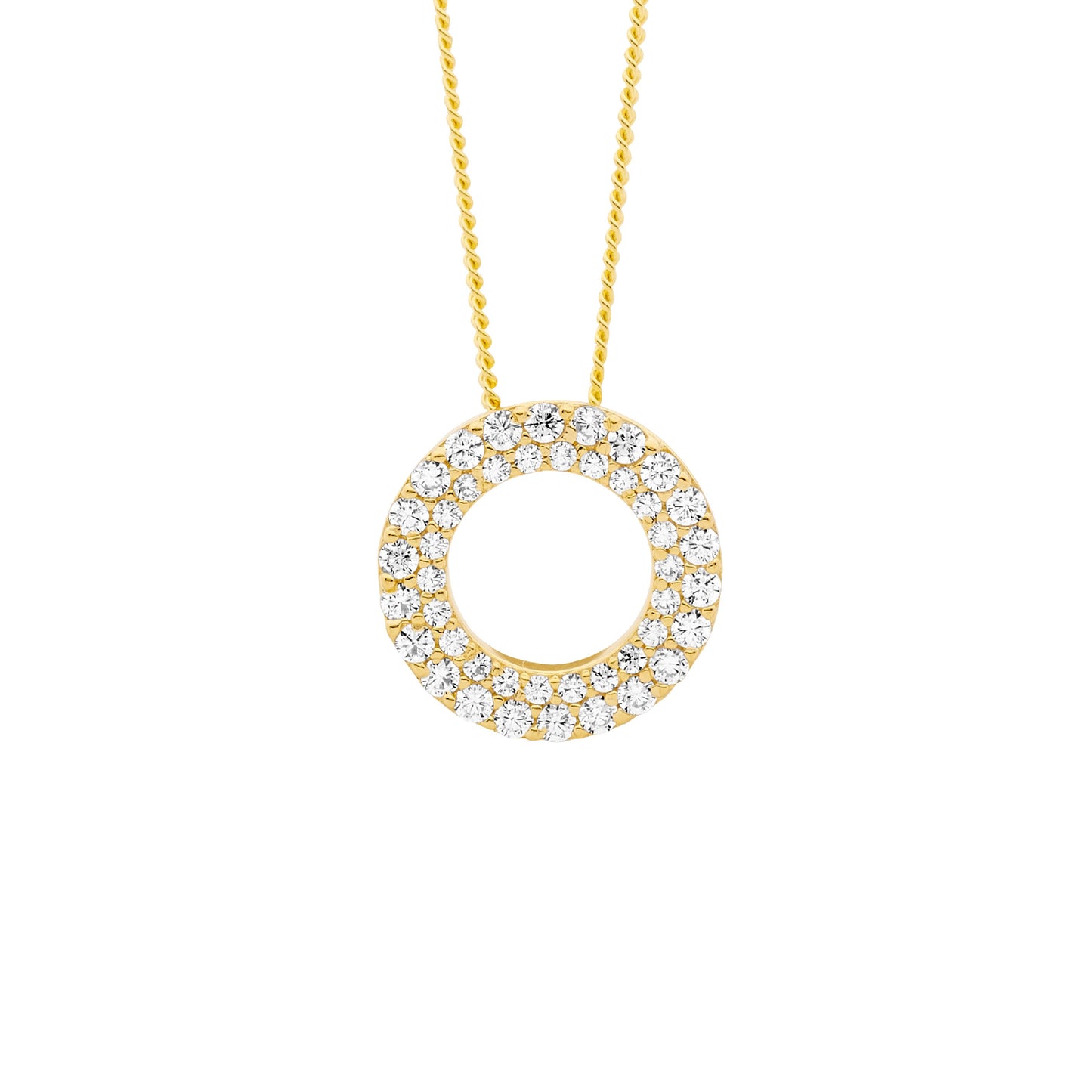 ELLANI STERLING SILVER GOLD PLATED 13MM DOUBLE ROW CUBIC ZIRCONIA OPEN CIRCLE PENDANT AND CHAIN. P865G