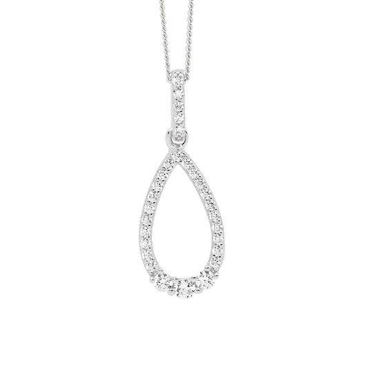 ELLANI STERLING SILVER CUBIC ZIRCONIA TEAR DROP PENDANT WITH CHAIN.