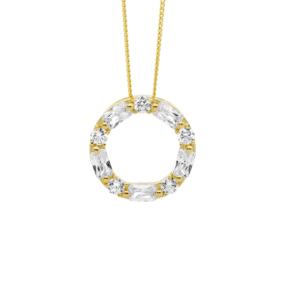 ELLANI  GOLD PLATED CUBIC ZIRCONIA ROUND AND BAGUETTE 18MM CIRCLE PENDANT WITH CHAIN.