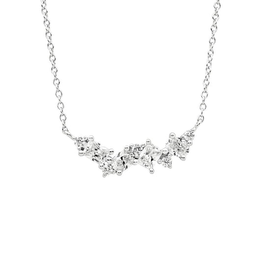 ELLANI STERLING SILVER RHODIUM PLATED MULTI SHAPE CUBIC ZIRCONIA CLUSTER NECKLACE. P882