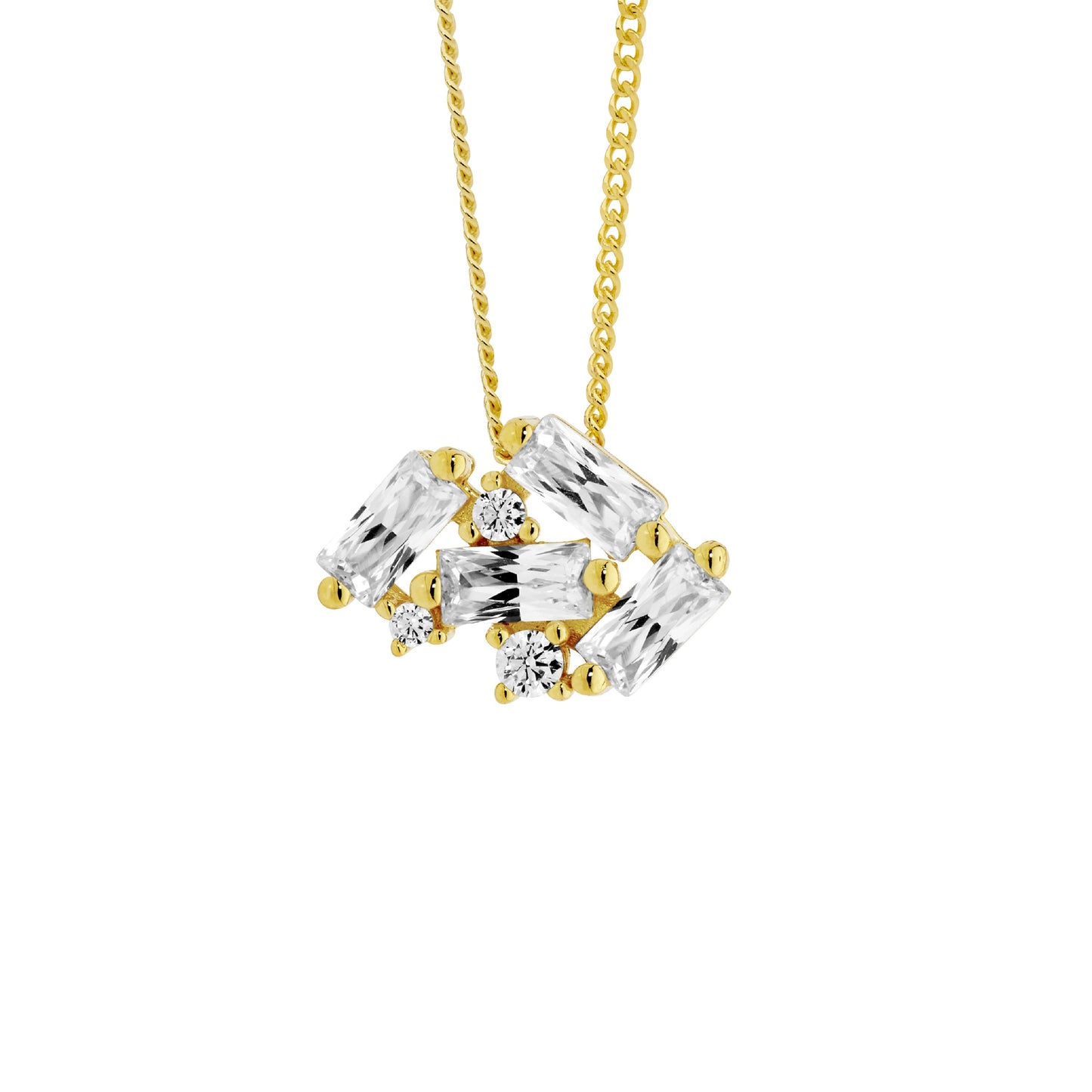 ELLANI STERLING SILVER GOLD PLATED STAGGERED ROUND AND BAGUETTE CUBIC ZIRCONIA PENDANT WITH CHAIN. P885G