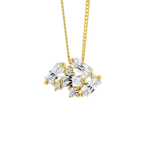 ELLANI STERLING SILVER GOLD PLATED STAGGERED ROUND AND BAGUETTE CUBIC ZIRCONIA PENDANT WITH CHAIN. P885G