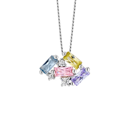 ELLANI STERLING SILVER STAGGERED PASTEL COLOUR CUBIC ZIRCONIA PENDANT.