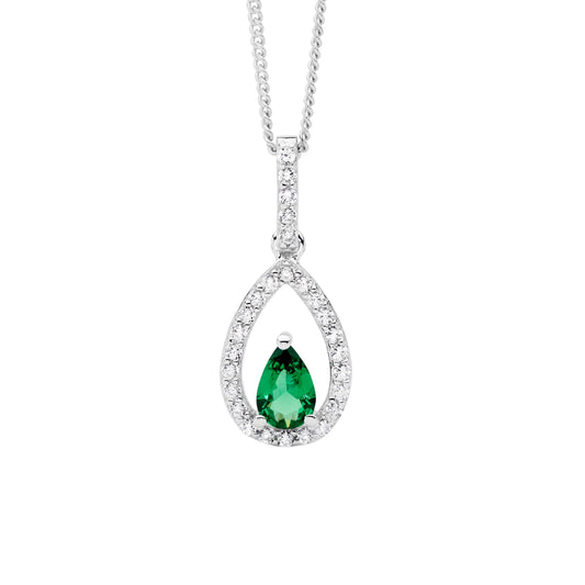 ELLANI STERLING SILVER CLEAR AND GREEN CUBIC ZIRCONIA HEART PENDANT AND CHAIN.