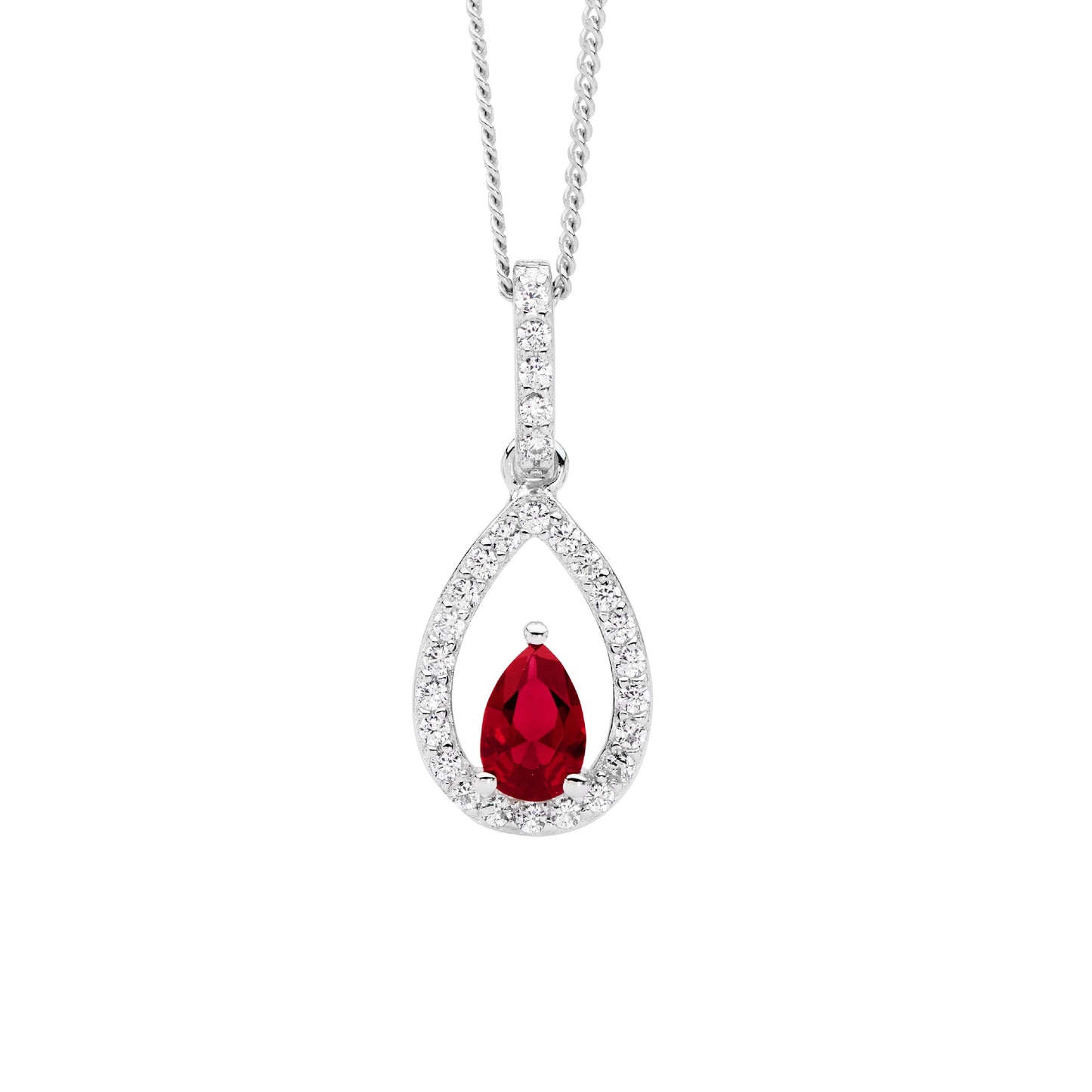 ELLANI STERLING SILVER CLEAR AND RED CUBIC ZIRCONIA PEAR SHAPE PENDANT AND CHAIN.