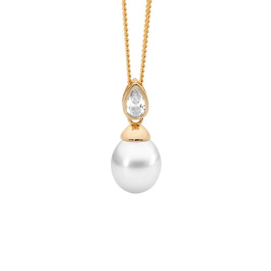 ELLANI GOLD PLATED PEAR SHAPE CUBIC ZIRCONIA AND FRESHWATER PEARL PENDANT. P891G