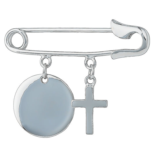 STERLING SILVER RHODIUM PLATED CROSS AND DISC BABY PIN.