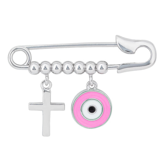 STERLING SILVER BABY PIN WITH PINK EVIL EYE AND CROSS CHARM