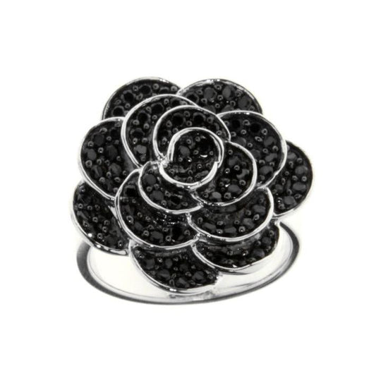 ELLANI STERLING SILVER RHODIUM PLATED BLACK CUBIC ZIRCONIA FLOWER RING. R298B